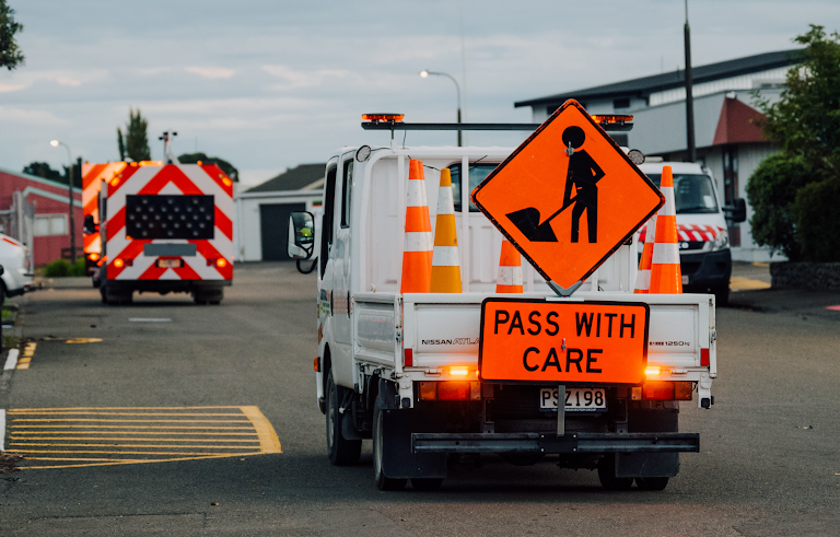 Road worker ensuring worksite safety